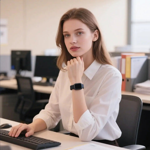 Person in office wearing Dope Vivid Silicone Band Keeper With Magic Band Locks And Clips on smartwatch
