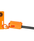 Bright orange beefy compact fire starter with durable flint and lanyard for camping and hiking, shown isolated on white background.