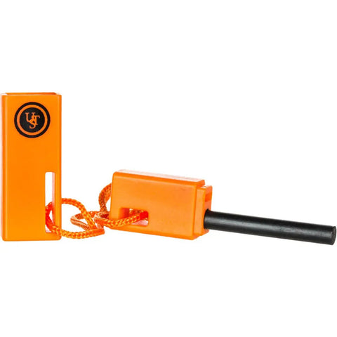 Bright orange beefy compact fire starter with durable flint and lanyard for camping and hiking, shown isolated on white background.