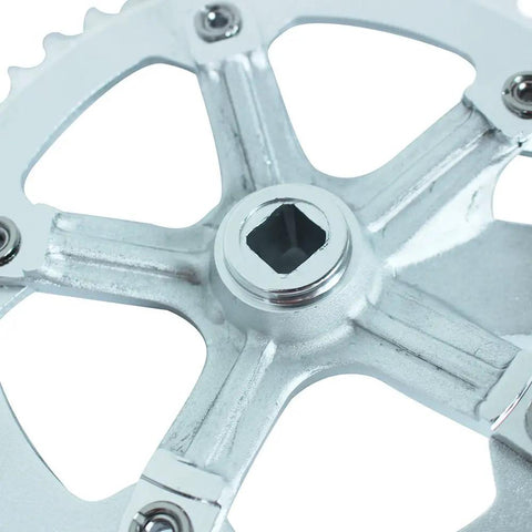 Close-up of Fixed Gear Crankset 44T 170mm Aluminum Alloy For Single Speed Bikes, showing bolt pattern and silver finish
