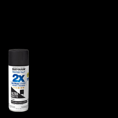 Rust-Oleum Painter's Touch 2X Ultra Cover spray paint can, 12 oz, Ultra Matte Black, front view