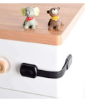 Black no-drilling child safety strap securing a white cabinet with Six Pack Baby Proof Cabinet Locks With 3M Adhesive.