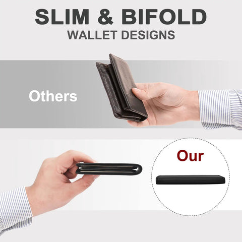 Comparison of slim bifold wallet designs, highlighting Ridiculously Sleek Slim RFID Blocking Wallet For Men with ID Window.