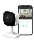 2K Indoor Security Camera For Baby And Pet Monitor With Motion Detection, 2 Way Audio, displayed next to smartphone app interface.
