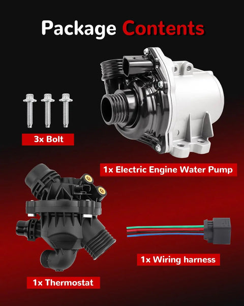 Package contents of Plug N Play Direct Fit Electric Water Pump With Thermostat For BMW 135i 135is 335i 335is 335i XDrive X1 X5 X6 3.0L L6 N55