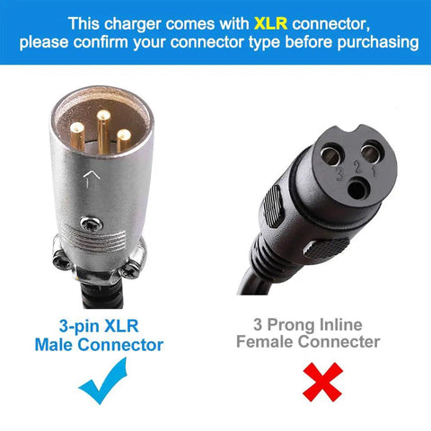 3-pin XLR male connector for 36V 1.5A Battery Charger For Razor MX500 MX650 RSF650 SX500 IZIP I600 I750 I1000 Mongoose M750 Xtreme X600 Schwinn S600 S1000 ST1000 UL Listed 3 Pin XLR Connector For 12Ah To 15Ah Lead Acid Batteries