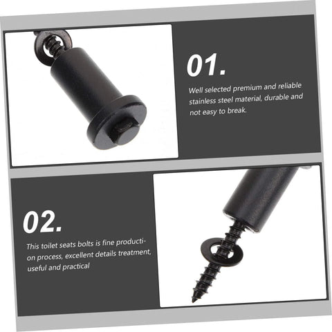 Close-up image of premium stainless steel toilet seat bolt with detailed description text of durability and practicality.
