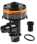 High-flow manual relief valve for pool/spa filter; black plastic with orange warning label; includes adapter and O-ring.