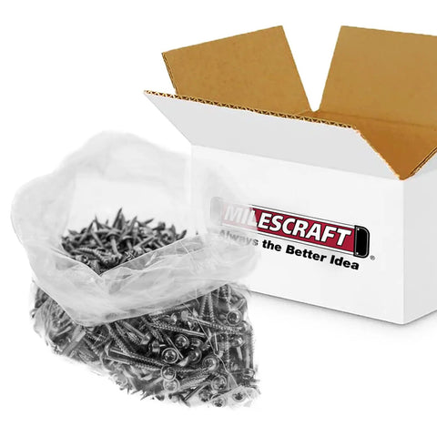 Open box showing Wood Pocket Hole Screws For Indoor Use Size Seven By Two And A Half Inch Washer Head Coarse Thread Torx Drive Self Tapping Zinc Coated 1000 Pack Ideal For Cabinets Shelving And Woodworking Projects in plastic bag