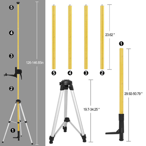 Telescoping Laser Level Pole With Tripod Kit For Accurate Job Site Layout 12 Ft Extendable Pole With Four Sections And Tail Rod Easy Height Adjustment From Floor To Ceiling Mountable Laser Tool Stand, silver tripod