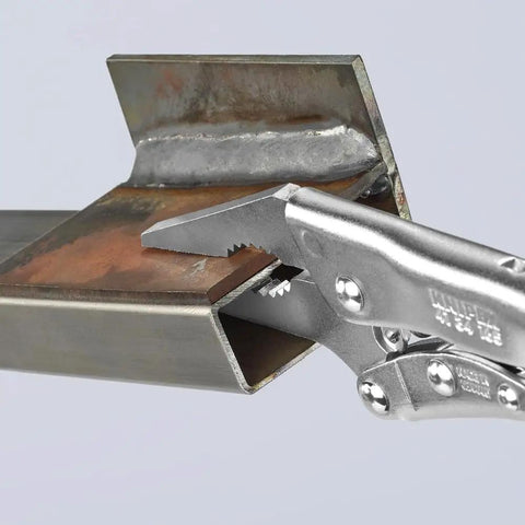 Long Nose Locking Pliers Six And A Quarter Inch With Narrow Jaw Nickel Plated One Hand Release Toggle Lever gripping metal