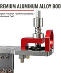 Close-up of 35mm Concealed Hinge Jig System for Cabinets, aluminum body, showing secure clamp and modular extension ruler.