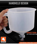 Slick No Drama Spill Proof Coolant Funnel Kit With Universal Adapter Bleeder held by hand, showing clear plastic and easy pickup handle.