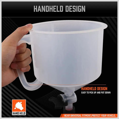 Slick No Drama Spill Proof Coolant Funnel Kit With Universal Adapter Bleeder held by hand, showing clear plastic and easy pickup handle.