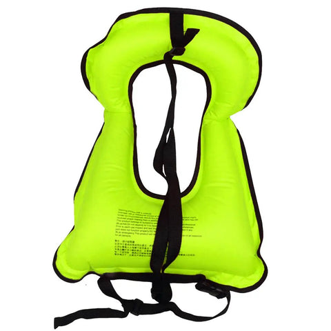 Bright green inflatable snorkel vest for adults with black trim and straps, high buoyancy up to 220 lbs, quick inflate, single unit.