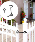 Rock Solid Top Shelf Cabin Swivel Hook And Eye Latch For Door Gate And Window Carbon Steel Heavy Duty Rust Resistant Security Lock 2 Inch 5 Pack With Mounting Screws Included displayed on a white gate.