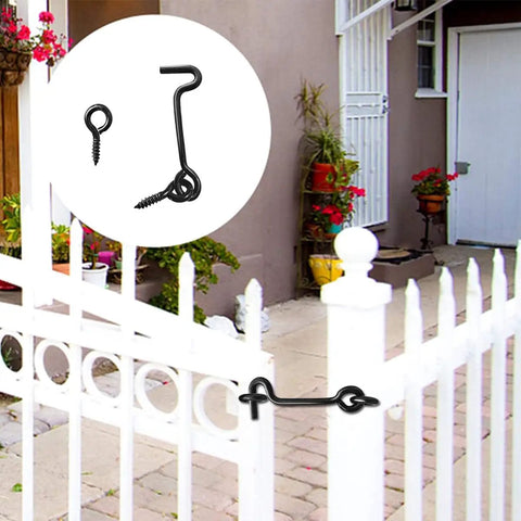 Rock Solid Top Shelf Cabin Swivel Hook And Eye Latch For Door Gate And Window Carbon Steel Heavy Duty Rust Resistant Security Lock 2 Inch 5 Pack With Mounting Screws Included displayed on a white gate.