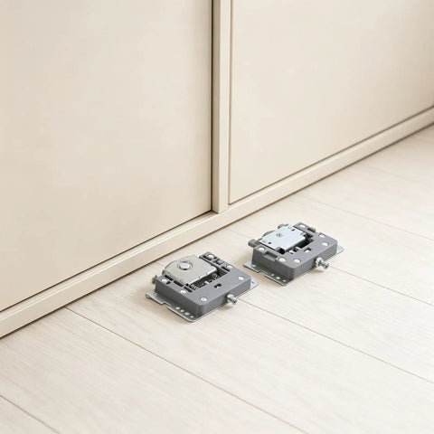 Smooth Sliding Closet Door Rollers With Built In Damping for Wooden Wardrobe Panels shown near beige cabinet doors.