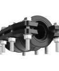 Pipe repair clamp for 3/4-inch water pipes, black metal body with silver bolts and rubber seal