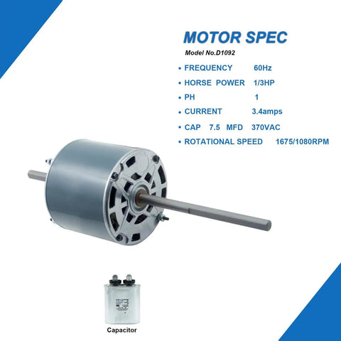 RV Air Conditioner Fan Motor With Capacitor One Third HP 115 Volt 1675 RPM Two Speed Plug And Play Replacement