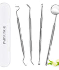 Pro At Home Dental Cleaning Kit With Stainless Steel Dental Pick And Tartar Remover, four tools and storage box visible