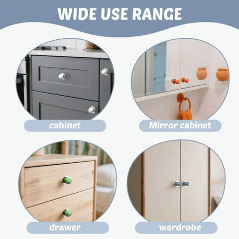 Dead Simple Peel And Stick Cabinet Knobs Ten Pack Red Ceramic Ball Handles With Slick Silver Stainless Base Rock Solid Adhesive Zero Fuss Install For Drawers Cupboards And Dressers displayed on cabinets and drawers.