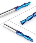 Five Piece Downcut Spiral Router Bits With One Quarter Inch Shank And One Quarter Inch Cutting Diameter Solid Carbide Top Shelf Nano Blue Coating
