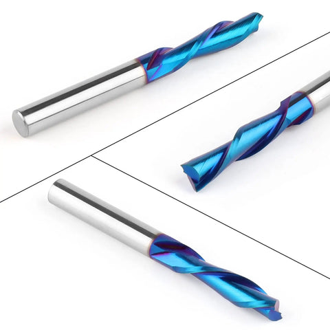 Five Piece Downcut Spiral Router Bits With One Quarter Inch Shank And One Quarter Inch Cutting Diameter Solid Carbide Top Shelf Nano Blue Coating