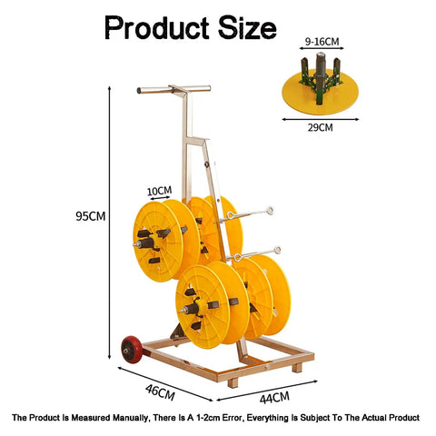 Heavy Duty Wire Spool Rack on wheels with yellow spools, 95cm height, for industrial cable management, supports 330 pounds.