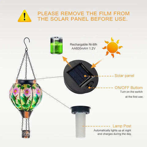 Diagram showing setup for Hummingbird Hot Air Balloon Solar Lantern Outdoor Hanging Light With Flickering Flame Metal And Glass Waterproof Lanterns For Patio Yard Garden Decor Solar Powered Lit Glow Lighting.