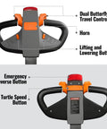 Heavy Duty Electric Straddle Stacker 3300 Lb Capacity control panel with buttons for travel, lifting, emergency reverse, and turtle speed.