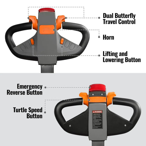 Heavy Duty Electric Straddle Stacker 3300 Lb Capacity control panel with buttons for travel, lifting, emergency reverse, and turtle speed.