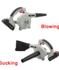 Heavy Duty Cordless Air Blower And Vacuum Cleaner Kicking Serious Dust Sawdust Debris Straight Up With Fast Charge Port in blowing and sucking modes.