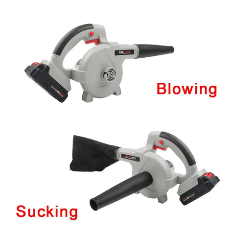 Heavy Duty Cordless Air Blower And Vacuum Cleaner Kicking Serious Dust Sawdust Debris Straight Up With Fast Charge Port in blowing and sucking modes.