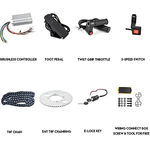 Components of Beefy 2000W 60V High Speed Brushless DC Mid Motor Kit, including controller, foot pedal, throttle, chain, and switch.