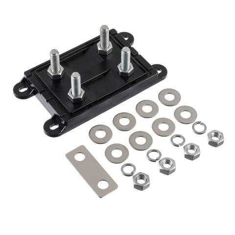 Two Way AMG Mega Fuse Holder ANM B2 Bolt On Fuse Block with nuts, washers shown separately; 32V DC car protection accessory
