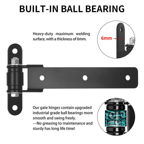 Beefy Built Sealed Bearing 13 Inch Gate Hinges 6mm steel detail and bearing illustration for driveway gates up to 1000 lbs.
