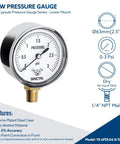 SENCTRL capsule low-pressure gauge, 2.5 in dial, 0-3 psi, brass 1/4 in NPT lower mount, chrome case