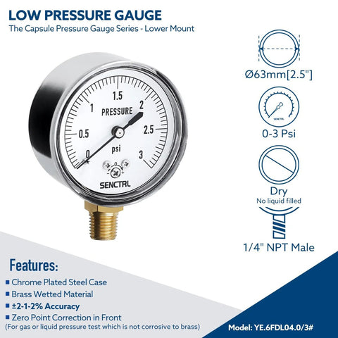 SENCTRL capsule low-pressure gauge, 2.5 in dial, 0-3 psi, brass 1/4 in NPT lower mount, chrome case