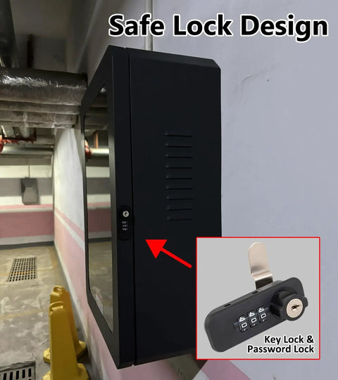 Heavy Duty Outdoor Electric Vehicle Charger Protector With All Weather Waterproof Steel Cage And Wall Mount Smart Cord Hook Keeping Your Rig Slick And Secure Year Round with safe lock design mounted on wall.