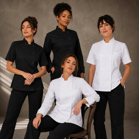 Womens Short Sleeve Double Breasted Black Chef Coat Featuring Ten Pearl Buttons And Tailored Kitchen Fit modeled by four women.