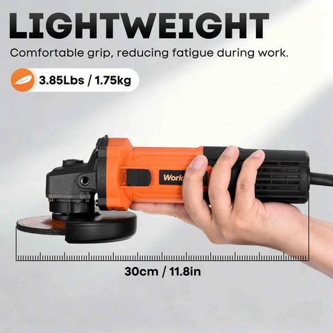 4 1/2 Inch Angle Grinder 850W 11,000 RPM High Torque Electric Grinder With Auxiliary Handle shown in hand for scale