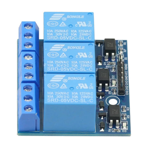 Three Channel 5V Relay Module With Optocoupler Isolation for Arduino Projects, 3.3V 5V Logic Compatible, 63x42mm board front view