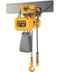 Top Tier 2 Ton Electric Chain Hoist With Motorized Trolley And 20 Ft Lift, yellow hoist with chain and control switch.