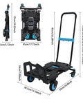 Two In One Folding Hand Truck Dolly Workhorse With Four Quiet TPR Wheels And 3 Level Adjustable Handle For Luggage Travel Office Moving Camping Outdoor Use Black Blue, folded and open view
