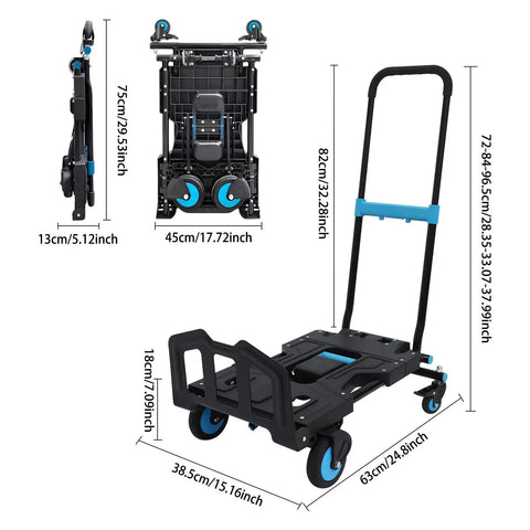 Two In One Folding Hand Truck Dolly Workhorse With Four Quiet TPR Wheels And 3 Level Adjustable Handle For Luggage Travel Office Moving Camping Outdoor Use Black Blue, folded and open view