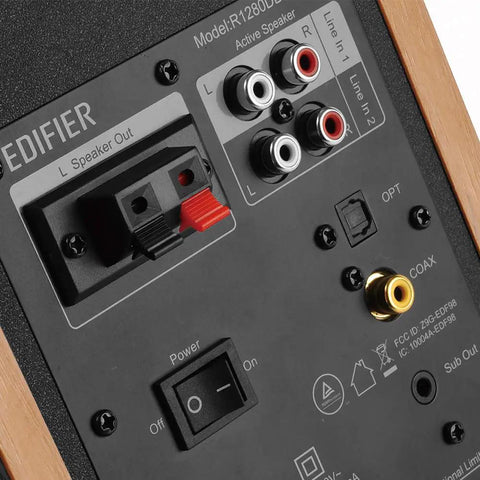 Rear input panel of R1280DBs Active Bluetooth Bookshelf Speakers With Optical Input And Sub Out 2.0 Studio Monitor Sound 42W RMS