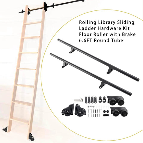 6.6Ft Rolling Library Ladder Hardware Kit With Floor Roller And Brake, Heavy Duty Carbon Steel, includes rails and fittings