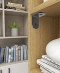 Black L Shaped Corner Brackets 1x1x0.6 Inch installed on wooden shelf, holding books and decor, stainless steel, heavy duty set of 20