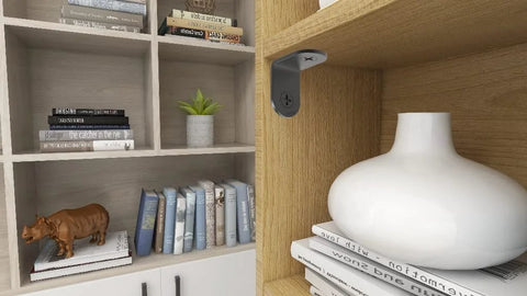 Black L Shaped Corner Brackets 1x1x0.6 Inch installed on wooden shelf, holding books and decor, stainless steel, heavy duty set of 20